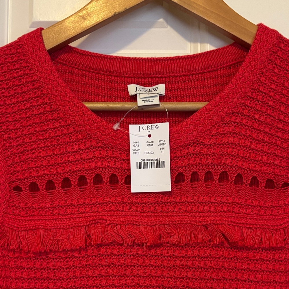 J. Crew Red V-Neck Textured Fringe Sweater